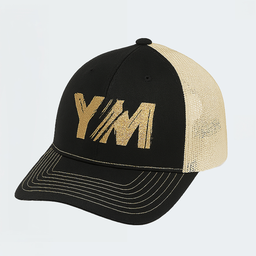 YM Trucker Hat – Black with Gold Mesh (Adult)