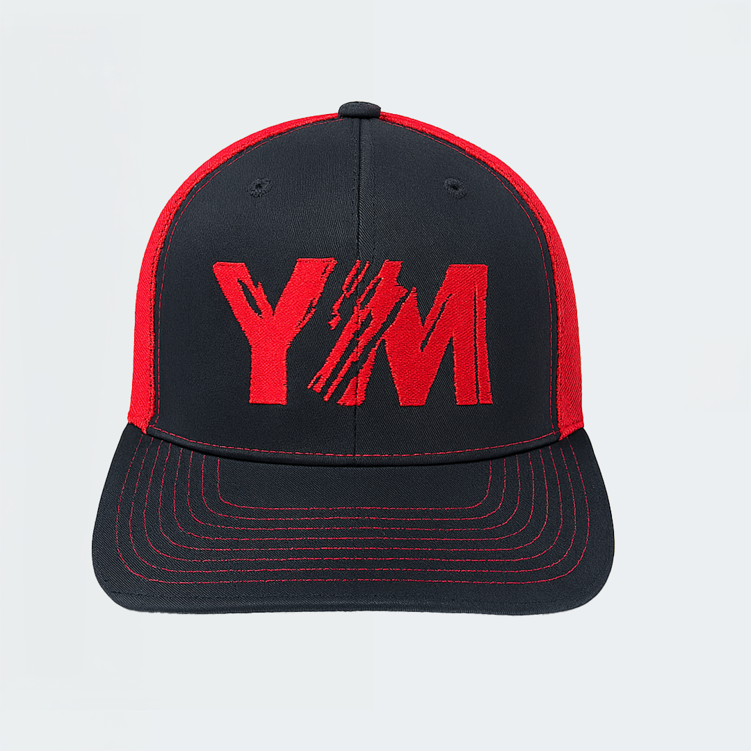 YM Trucker Hat Cap Black with Red Mesh (Adult)